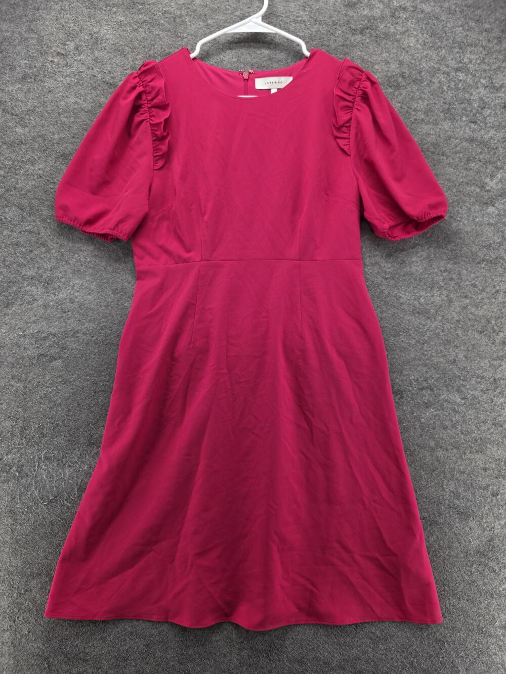 Lark & Ro Dress Womens 8 Pink Fit & Flare Knee Length Puff Sleeve Ruffle Stretch